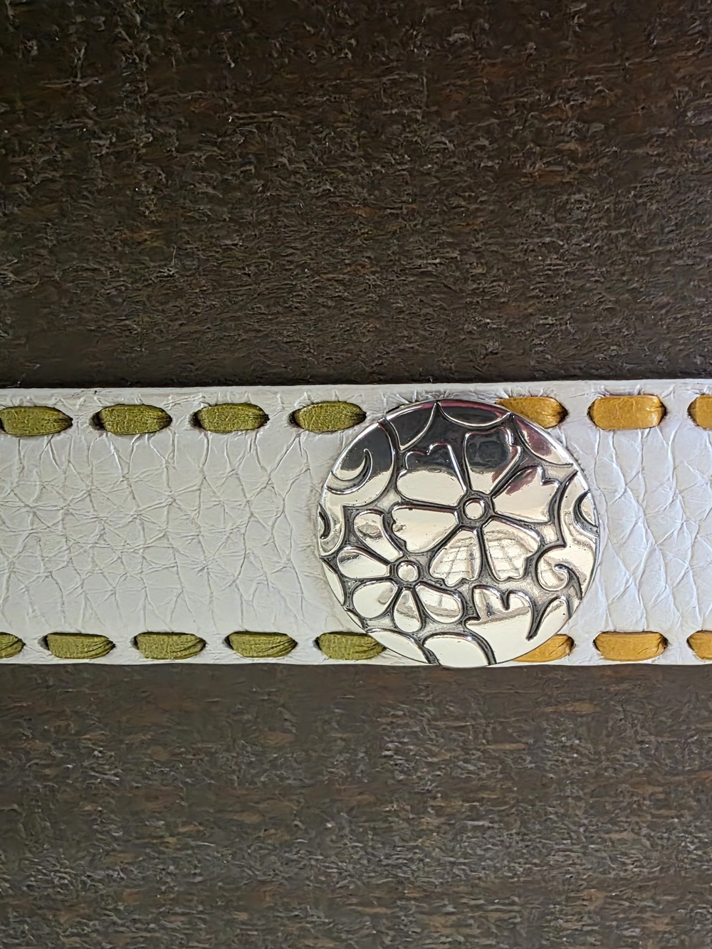 Brighton White Leather Whipstitched Floral Concho Belt Size 38 Boho Western - Picture 4 of 9